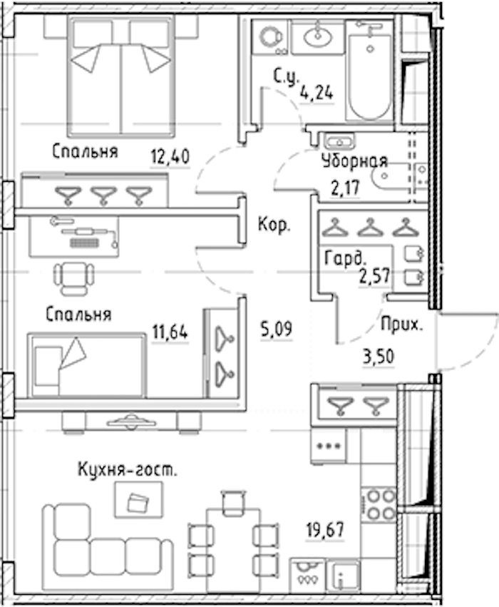 2-комнатная квартира 61.28 м², 7/10 эт., ЖК «LEGENDA Лисичанская 22»
